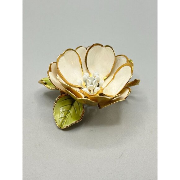 Vintage Coro Corocraft Enamel Beige Flower Brooch Large Statement Costume Pin - Picture 5 of 8